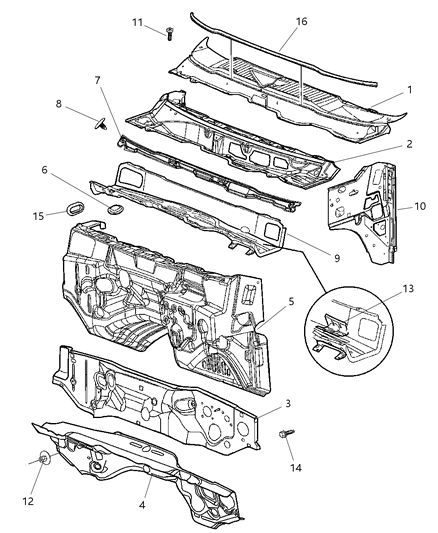 2008 Dodge Ram 3500 Cowl, Dash Panel & Related Parts Diagram
