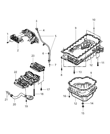 2014 Jeep Wrangler Engine Oil Pan , Engine Oil Level Indicator And Related Parts Diagram 1