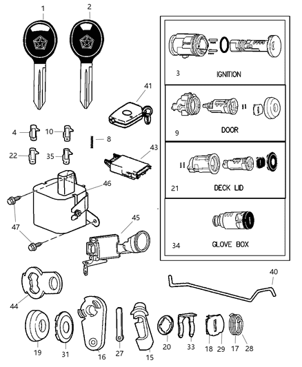 2000 Dodge Neon Lock Cylinder & Keys Diagram