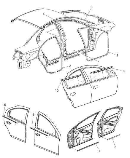 2005 Dodge Neon Door, Front & Rear Weatherstrips & Seal Diagram
