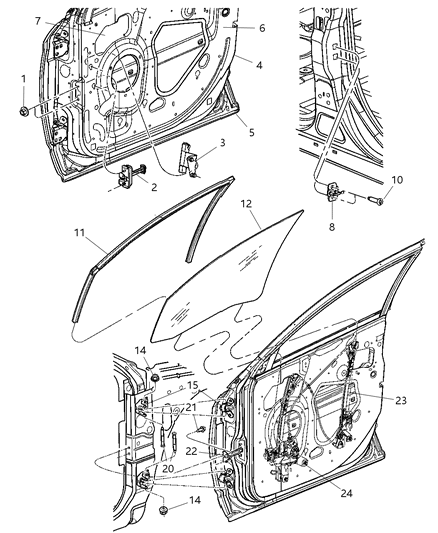2006 Chrysler Pacifica Door Shell, Hinge, Glass And Regulator Diagram 1