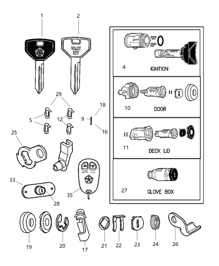 1998 Dodge Stratus Lock Cylinder & Double Bitted Lock Cylinder Repair Components Diagram