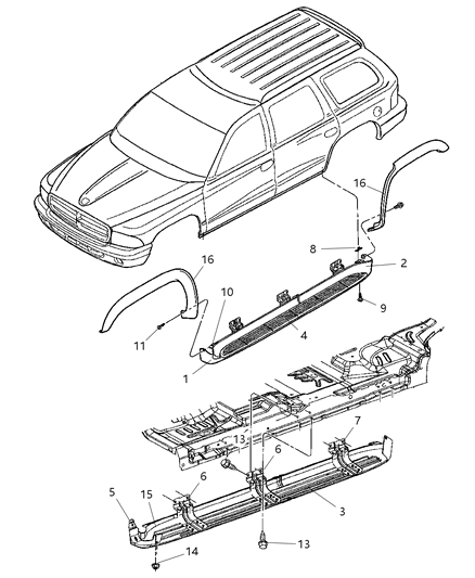 2001 Dodge Durango Cover Running Board Front Diagram for TP17MS4AA