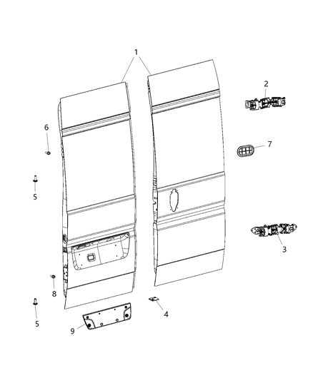 2021 Ram ProMaster 1500 Rear Cargo Door, Shell and Hinges Diagram
