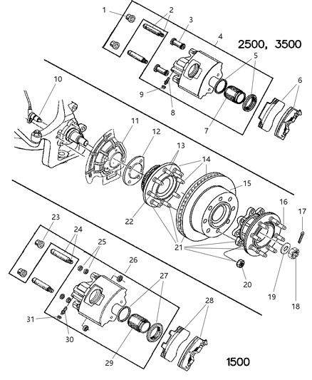 1997 Dodge Ram 3500 Front Hub And Rotor, W/Bearing And Seal Diagram for V2500018AA