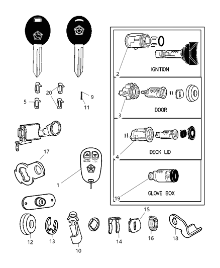 2007 Chrysler Sebring Lock Cylinder & Double Bitted Lock Cylinder Repair Components Diagram