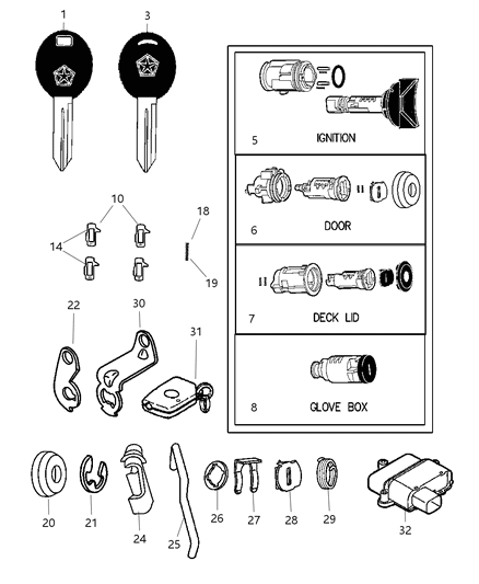 1998 Chrysler Sebring Lock Cylinders & Double Bitted Lock Cylinder Repair Components Diagram