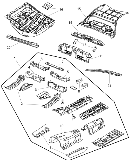 2014 Dodge Charger Front, Center & Rear Floor Pan Diagram