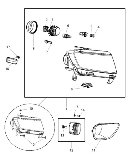 2011 Jeep Grand Cherokee Passenger Side Headlight Assembly Diagram for 55079378AD