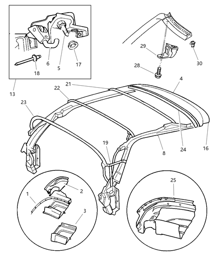 1998 Chrysler Sebring Rail, Header And Latch Assembly Diagram
