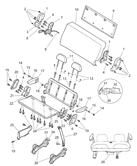 1997 Dodge Grand Caravan Rear Seat - 2 Passenger Adjusters - Cover - Shields And Attaching Parts Diagram