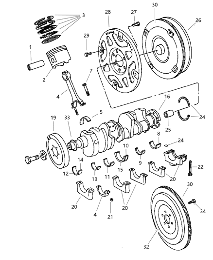 2001 Dodge Ram 3500 Crankshaft , Piston , Flywheel & Torque Converter Diagram 2