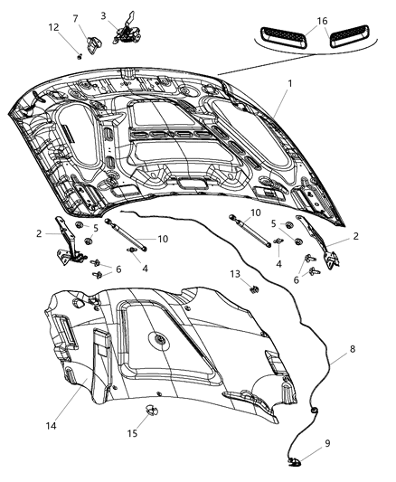 2011 Ram 1500 Hood Panel Assembly Diagram for 55372034AD
