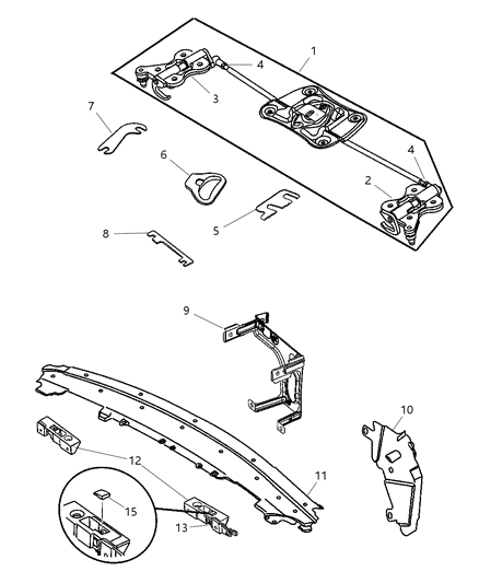 2006 Chrysler Crossfire Rail Header & Latch Assembly Diagram