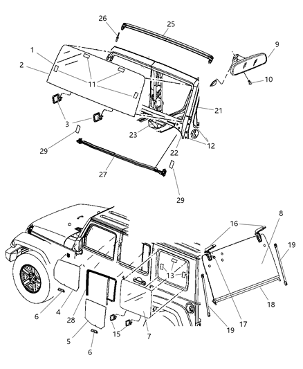 2012 Jeep Wrangler Glass, Glass Hardware & Interior Mirror Diagram