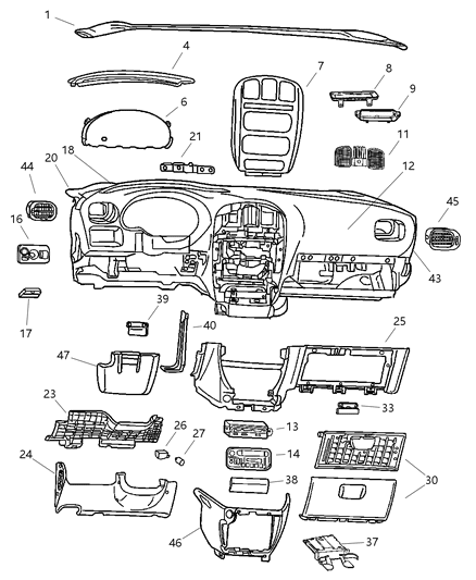 2001 Dodge Caravan Instrument Panel Panel - Silencers - Covers Diagram