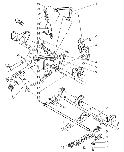 2002 Dodge Ram 1500 Upper And Lower Control Arms, Torsion Bars, And Shocks - Front Diagram