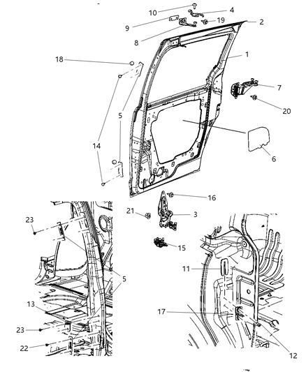 2008 Chrysler Town & Country Sliding Door, Shell And Hinges Diagram