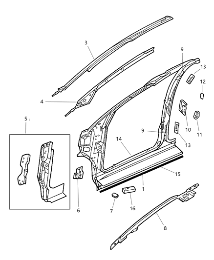 1998 Dodge Caravan Body Front Pillar & Aperture Panel Diagram
