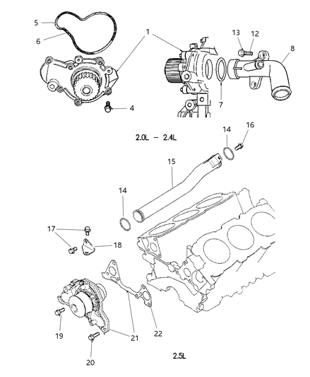 2000 Chrysler Cirrus Water Pump & Related Parts Diagram