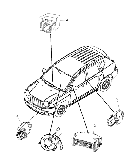 2009 Dodge Caliber Air Bag Modules Impact Sensor & Clock Springs Diagram