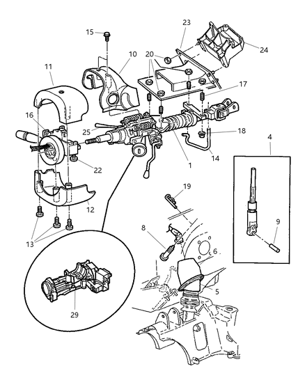 1997 Chrysler Town & Country Column, Steering, Upper And Lower Diagram