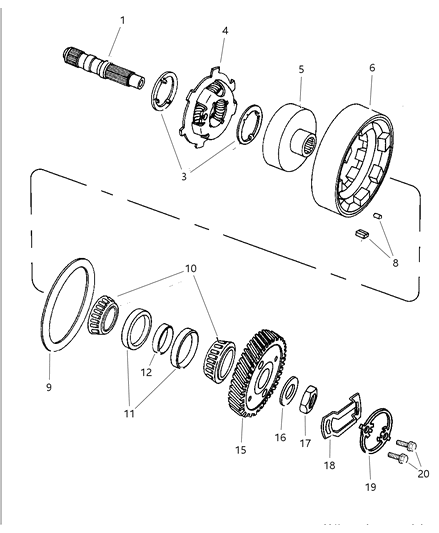 1998 Chrysler Town & Country Shaft - Output With Rear Carrier , Reverse Drum & Overrunning Clutch Diagram