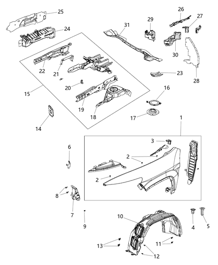 2015 Jeep Cherokee MUCKET-Fender To COWL Diagram for 68103107AB