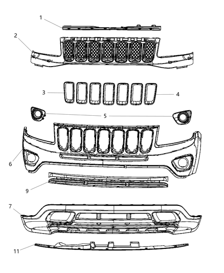 2012 Jeep Compass Front Upper Bumper Cover Diagram for 68109861AA