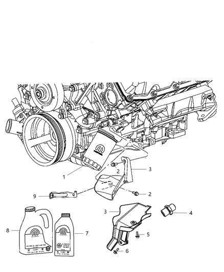 2010 Jeep Grand Cherokee Engine Oil , Engine Oil Filter , Adapter And Splash Guard And Related Part Diagram 2