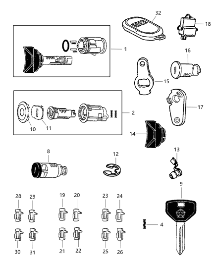 2000 Jeep Wrangler Lock Cylinders & Keys Diagram
