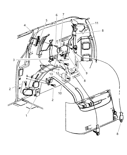 1997 Dodge Grand Caravan Rear Seat Belt-Buckle Retractor Assembly Right Diagram for GK36SJK
