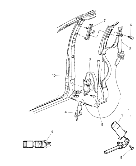 2004 Dodge Grand Caravan Front Inner Seat Belt Includes Cable, Sensor And Igniter Diagram for XP981D5AB