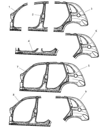 2002 Chrysler PT Cruiser Panel-Body Side Aperture Rear Diagram for 5016529AD