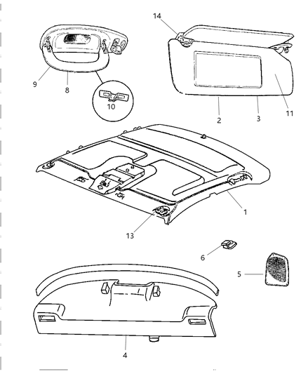 1997 Dodge Intrepid Headliner, Visors, Assist Straps & Shelf Panel Diagram