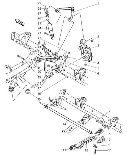 2005 Dodge Ram 1500 Upper And Lower Control Arms, Torsion Bars, And Shocks - Front Diagram