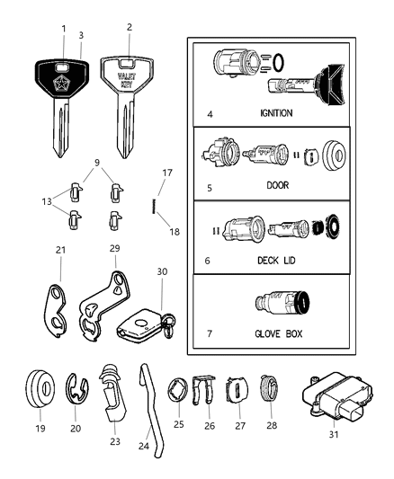 1997 Chrysler Sebring Lock Cylinders & Double Bitted Lock Cylinder Repair Components Diagram
