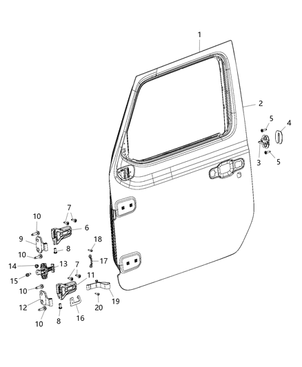 2018 Jeep Wrangler Front Door, Shell And Hinges Diagram