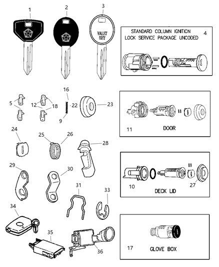 1998 Chrysler Concorde Lock Cylinders & Double Bitted Lock Cylinder Repair Components Diagram