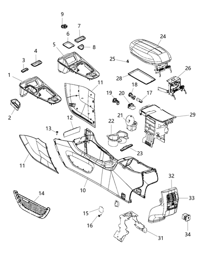 2020 Jeep Cherokee Floor Console, Front Diagram
