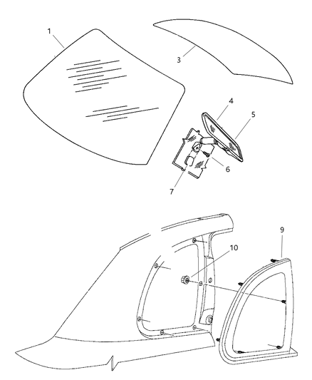 1997 Dodge Neon Windshield, Backlite And Mirror Diagram