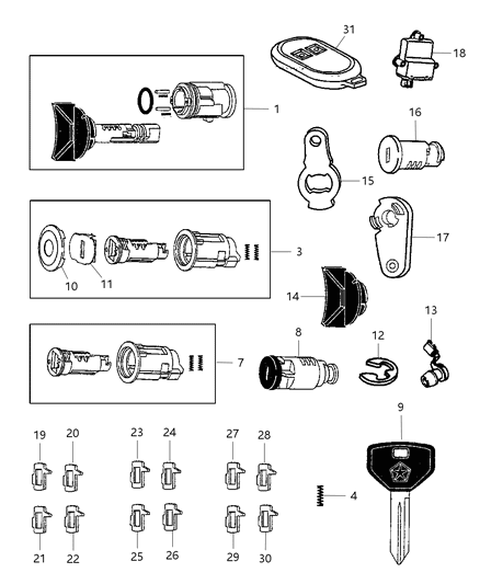 1997 Jeep Wrangler Lock Cylinders & Keys Diagram