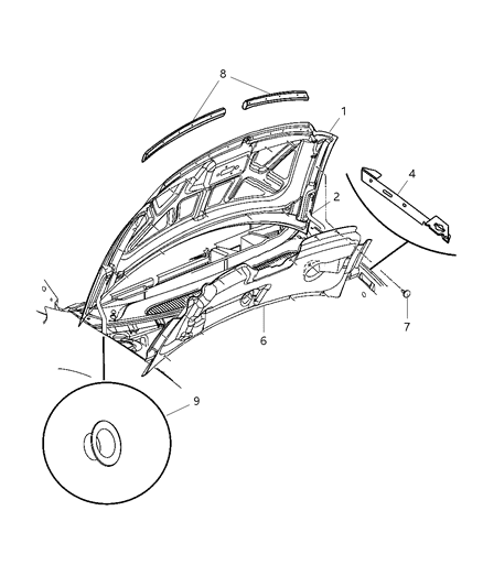 2006 Chrysler Town & Country Hood Hinge Package Diagram for 5018603AA