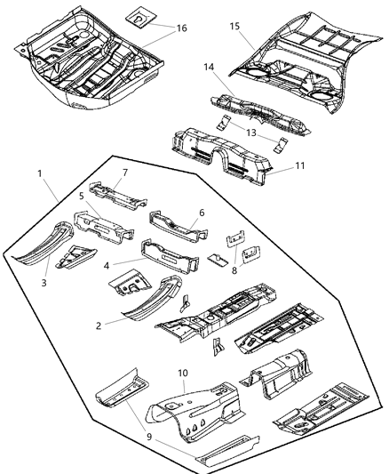 2011 Dodge Challenger Front, Center & Rear Floor Pan Diagram