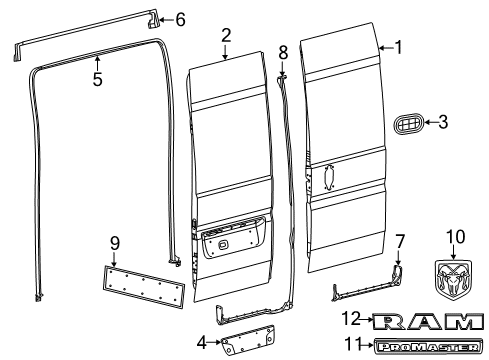 2023 Ram ProMaster 2500 Door & Components, Exterior Trim Diagram 1