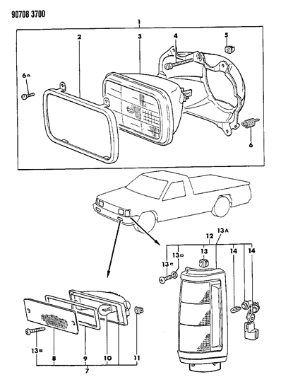 1990 Dodge Ram 50 Lamps - Head & Front Exterior Diagram