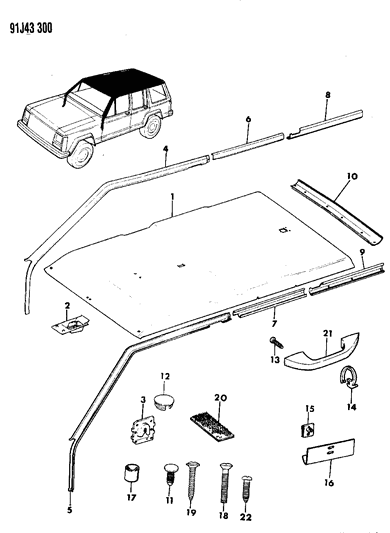 1993 Jeep Cherokee Headliner & Upper Trim Mouldings Diagram