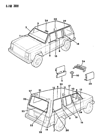 1990 Jeep Wagoneer Mouldings, Exterior - Upper Diagram 3