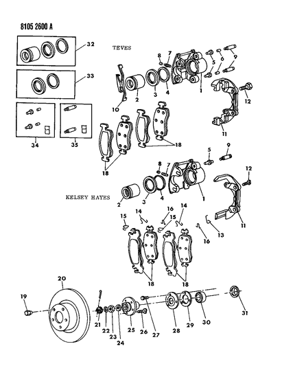 1988 Dodge Shadow Brakes, Front Diagram