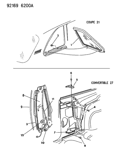 1992 Chrysler LeBaron Glass - Quarter Window Diagram